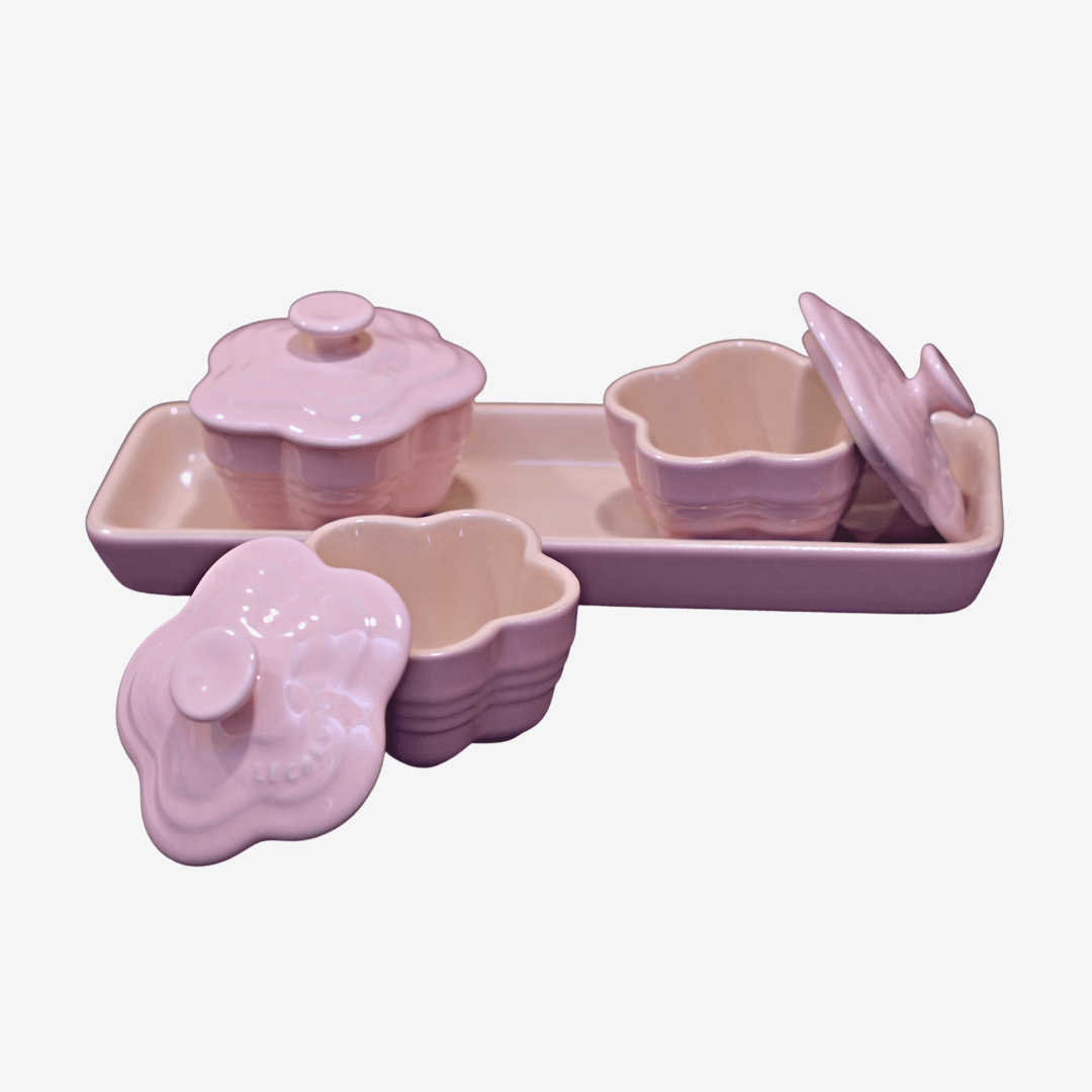 LE CREUSET Mini Flower Plate & Chopstick Rest Set of 3 Pink Colors Total 6 pcs 
